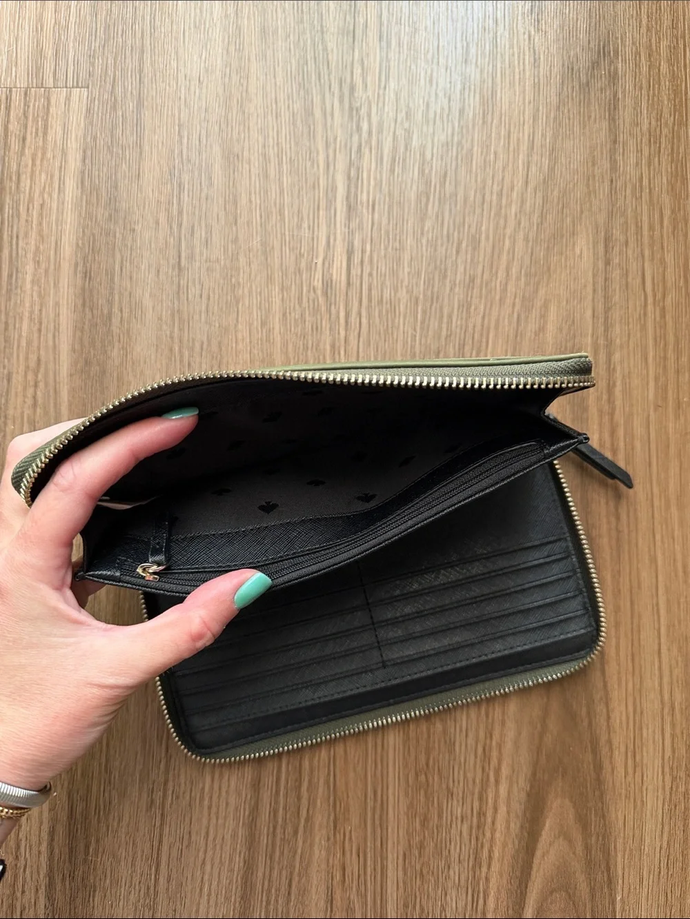 kate spade Olive Green Zip Wallet with Gold Plaque